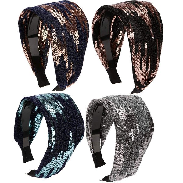 LONEEDY 4 Pack Wide Hard Headband with Teeth for Women, Girls’s Hair Band Pleated Cloth Fabric Hair Hoop Accessories (Sequins)
