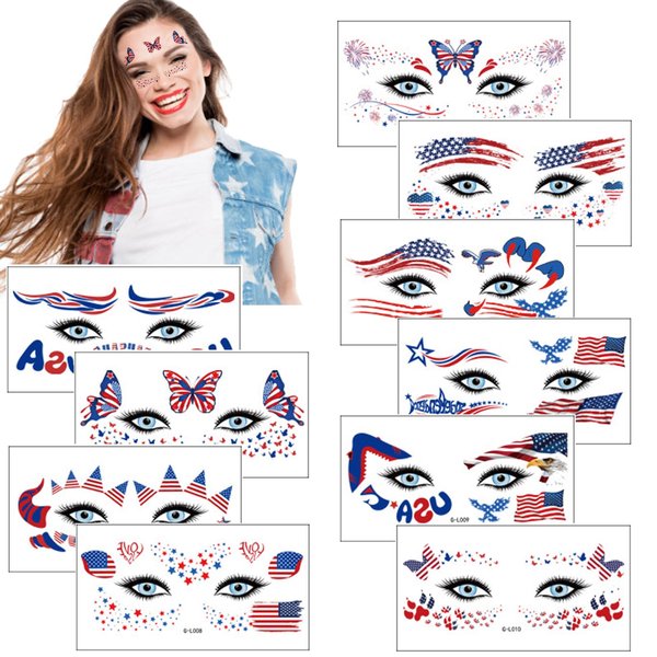 Patriotic Face Tattoos 4th of July Temporary Tattoo Stickers 10 Sheets Independence Day Waterproof Fake Makeup USA Memorial Day Labor Day Party Decor
