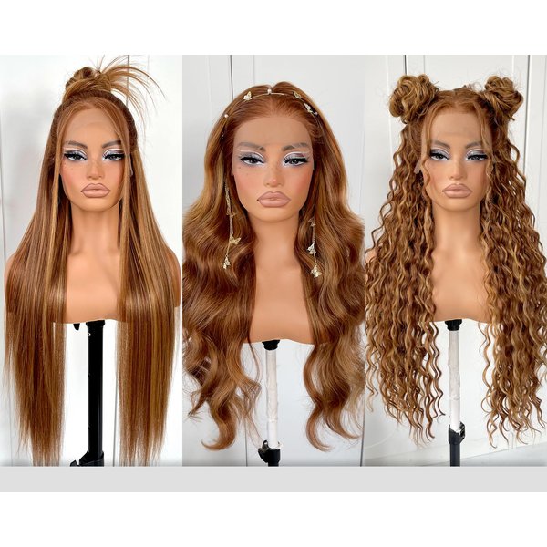MITIMES Sunkissed Highlights Series, 13x6 Full Glueless Body Wave Lace Frontal Wig Preplucked, Ombre Honey Blonde Synthetic Lace Front Wigs, 4/27 Brown and Blonde Wigs