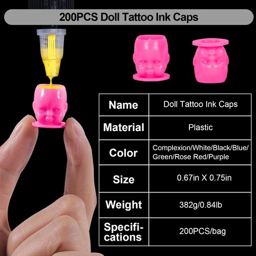 OFEYLE Tattoo Ink Cups 200PCS Doll Tattoo Ink Caps Disposable Plastic Ink Caps for Tattooing Permanent Makeup with Base Tattoo Pigment Caps Tattoo Ink Holder Tattoo Supplies (Rose Red)