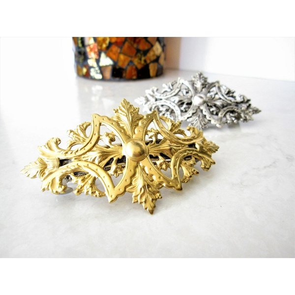 Generic Gold or silver metal filigree with leaves hair clip barrette (Primary color: Silver), 1 Count (Pack of 1)