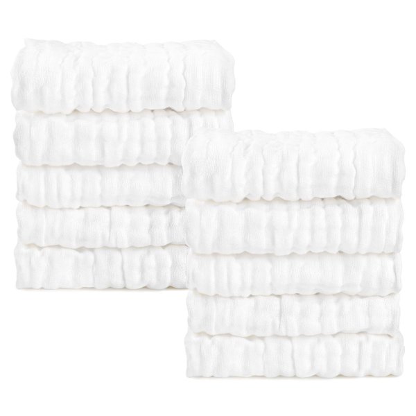AIDEA Baby Washcloths-10 Pack, Soft Muslin Baby Towels, 100% Cotton Baby Bath Face Towels, Super Absorbent Burp Cloths for Newborn Essentials, Baby Gifts-White-10"x10"