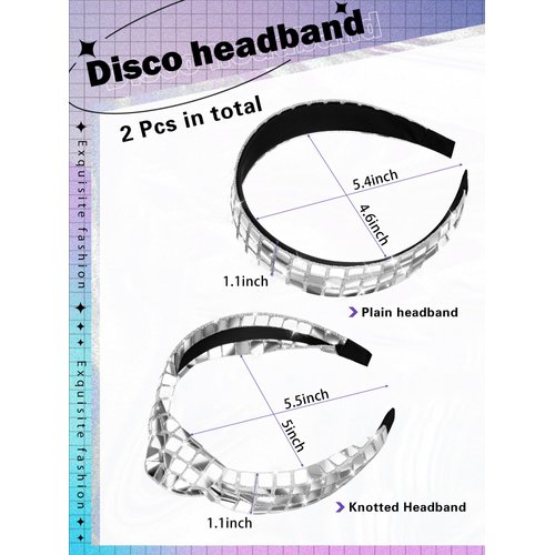 Hoteam 2 Pcs Disco Headband 70s Retro Silver Headband Glitter Knotted Disco Headwear Wide Disco Headpiece Disco Party Decorations for Women Hair Accessories Birthday New Years Eve Supplies