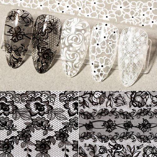 XEAOHESY 20 Rolls Black White Lace Nail Art Foil Transfer Sticker Kit Flower Foil Transfers Decals Lace Flowers Nail Foil Transfer Stickers Sheets Nail Art Sticker Foil Nail Wraps for Foil Nail Art