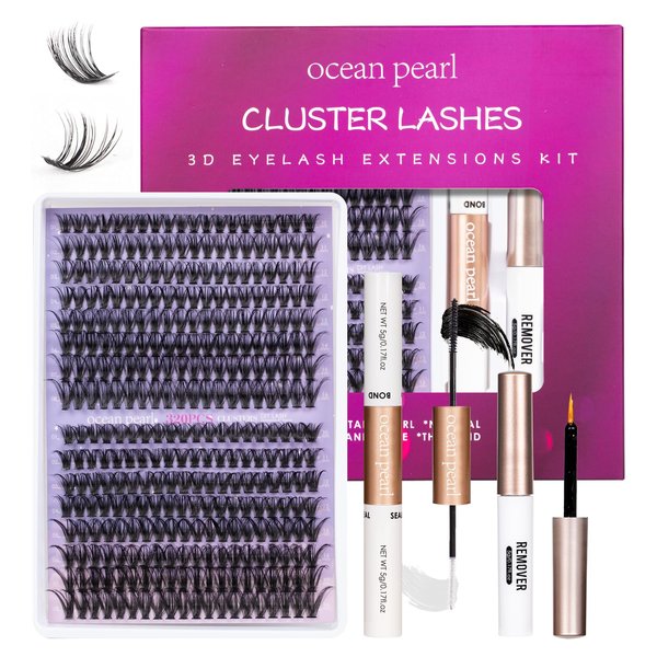 OCEAN PEARL 40D 50D Lash Clusters Lash Extension Kit 320 Pcs Thick Eyelashes Fluffy Lash Clusters Kit 10-16mm Eyelash Extension Kit Individual Lashes with Bond and Seal Tweezers DIY Eyelash Extension