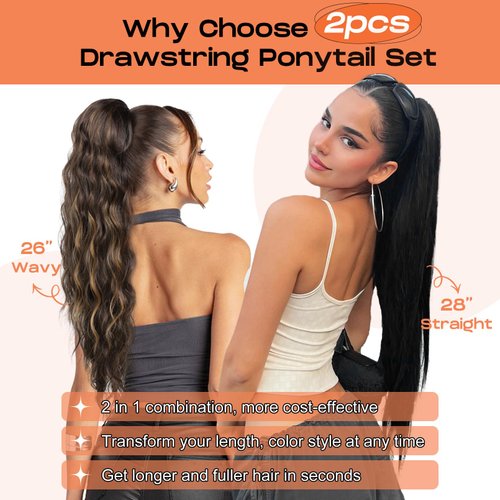 SEIKEA 2PCS Ponytail Extension, 26" Eva Long Wavy 28" Vida Long Straight Drawstring Ponytail Multi-layered Clip in Hair Extensions Ponytail Synthetic Hairpiece Chocolate Brown Caramel Blonde Highlight