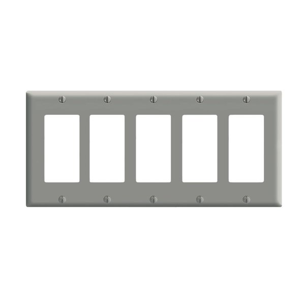 Leviton 80423-GY 5-Gang GFCI Decora Wallplate, Standard Size, Thermoset, Device Mount, Gray