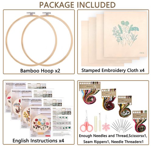 Picoey Flower Embroidery Kit for Beginners with Pattern and Instructions,4 Pack Cross Stitch Kits,2 Wooden Embroidery Hoops,Threads and Needles,Needlepoint Kit for Adults