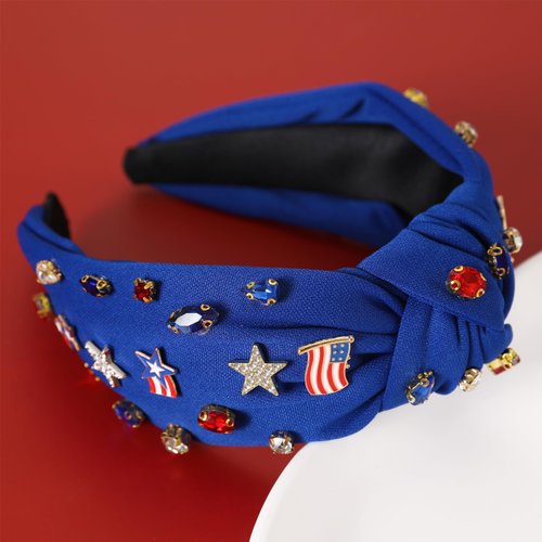Gmmidea 4th of July Headband for Women Girls American Flag Jeweled Knotted Headband Rhinestone Star Flag Patriotic Headband Wide Top Cute Independence Day Hair Band A-Blue
