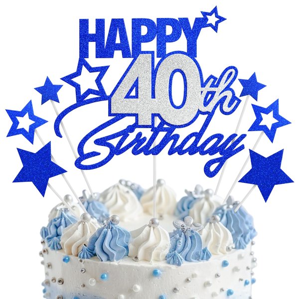 Happy 40th Birthday Cake Topper 40 Birthday Cake Decorations, Happy 40th Birthday Anniversary Party Cake Decorations for Men Women, Blue Silver