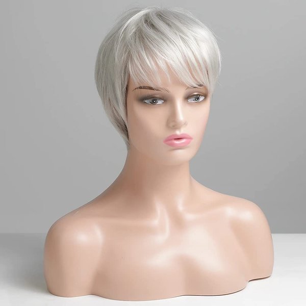 FCHW WigShort White Synthetic Wigs With Bangs Short Pixie Cut Wig Cheap Hair Straight Wig Short Hair Wigs For Black Women Short Straight Black Ladies Wigs Synthetic Short Wigs For Black Women (0713)