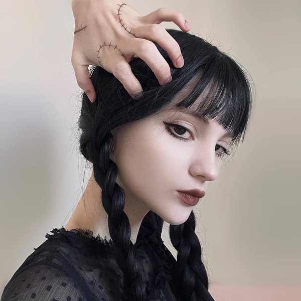 Dai Cloud Long Black Two Braids Wig with Bangs Long Pigtails Wig for Women Halloween Costumes Party Cosplay Hair Wig