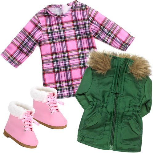 Sophia's Complete Fall Outfit with Plaid Long-Sleeved T-Shirt Dress, Fur-Trimmed Parka, & Lace-Up Booties for 18” Dolls, Pink/Green