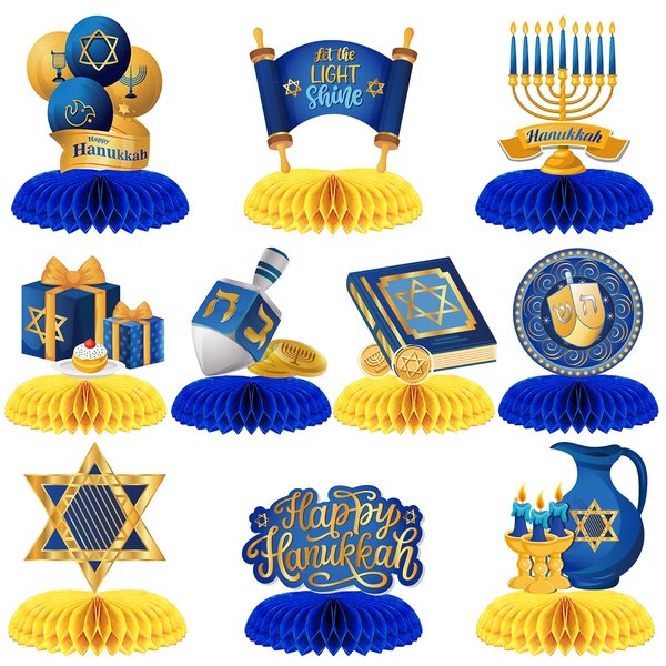 WEEPA 10 Pcs Happy Hanukkah Table Decorations, Hanukkah Table Centerpiece Menorah Dreidel Table Decoration Star of Davids Sign Winter Snow Day Chanukah Party Honeycomb Centerpiece