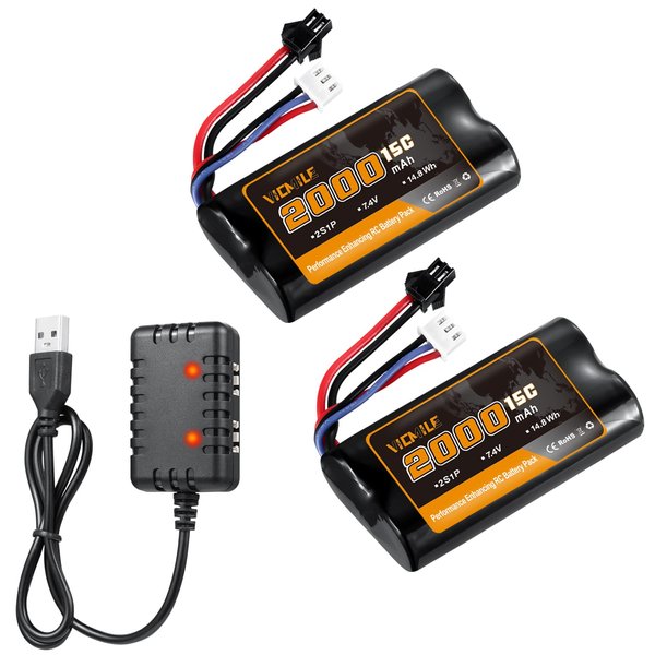 VICMILE 7.4V Li-ion Battery 2000mAh 2S Battery with SM 2P Plug High Capacity Rechargeable Battery with 1 to 2 USB Charger for RC Car RC Boats H101 Battery 2 Pack