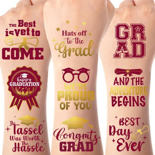 JOYMEMO 12 Sheets Graduation Temporary Tattoos Burgundy and Gold Glitter Metallic Style Graduation Party Favors 2024 Congrats Grad Class of 2024 Body Decorations Tattoos Gift for High School College