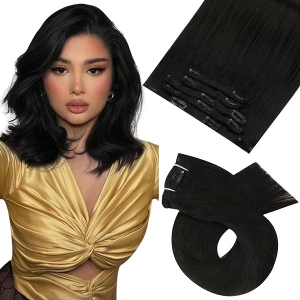 Moresoo Clip on Hair Extensions Human Hair Black 10inch Short Hair Extensions Clip in Human Hair Natural Black Clip in Hair Extensions Off Black #1B 5Pieces 70Grams