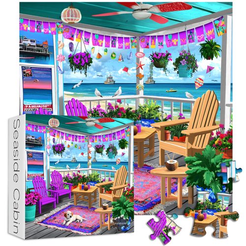 PICKFORU Beach Puzzles for Adults 1000 Pieces, Colorful Seaside Puzzle Beach Chair Flower, Impossible Holiday Puzzles as Wall Art