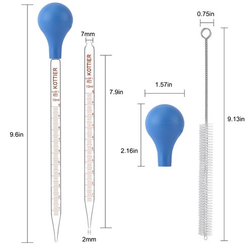 MRXBN 10ml Glass Pipettes Dropper, Lab Graduated Dropper for Liquid Essential Oil, Glass Transfer Pipette with Rubber Bulb and Cleaning Brush (2 pieces)