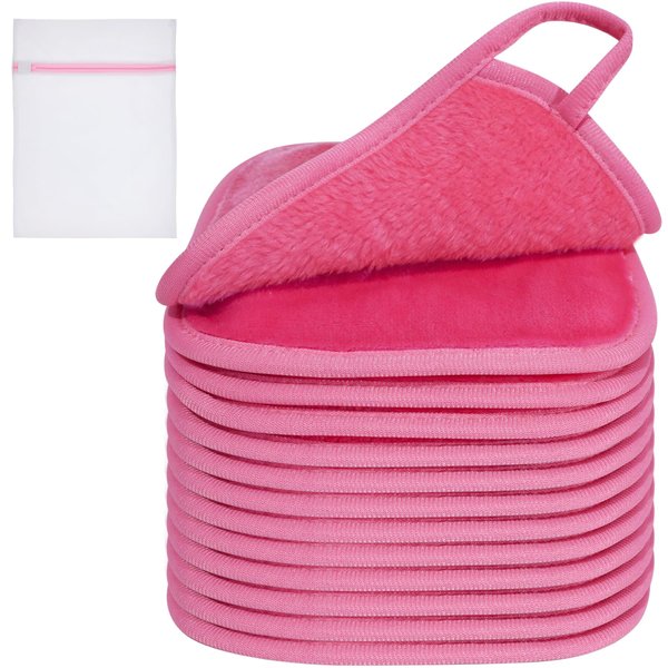 KODAMO Makeup Remover Cloth, Reusable Makeup Remover Pads Washable Travel Bag, Microfiber Makeup Removal Face Wash Cloths with Just Water, Gentle Soft, Eco-friendly, 12 Pack, Pink
