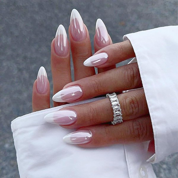 Chrome Press on Nails Acrylic Nails French Tip Medium Almond Fake Nails White Aurora Designs False Nails Glossy Stick on Nails Acrylic Laser Artificial Nails Glue on Nails for Women 24PCS