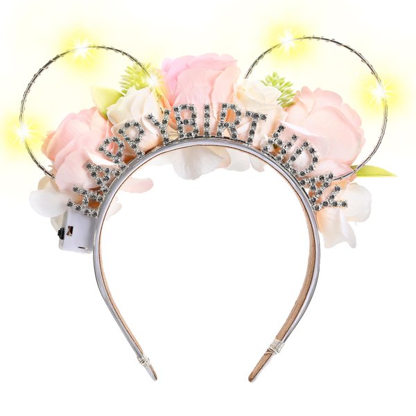 VISSTREE Birthday Mouse Ear Headband - White Birthday Letter Flower Headpiece Warm Resin Led Floral Crown White Artificial Plastic Rose Flower Headband Birthday Party Special Shooting Props