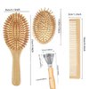 5 pcs Bamboo Hair Brush Set| Wooden Detangling Hairbrush for Women men kids and Baby Thick Thin Curly Straight Dry | Brush Cleaner| Gift for Mom