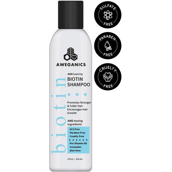 Aweganics Biotin Hair Growth Shampoo, AWE Inspiring Thickening Shampoo for Hair Loss and Thinning Hair - SLS-Free, Paraben-Free, Cruelty-Free, Moisturizing B5 Vitamins, Cucumber, Aloe Vera