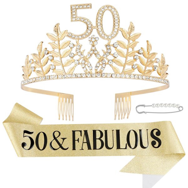 𝘾𝙝𝙖𝙣𝙖𝙘𝙤 50th Birthday Rhinestone Tiara and Sash for Women, Dainty Gold Happy Birthday Crystal Crown and Glitter Sashes Gift for Women, Birthday Hair Accessories Decoration for Party