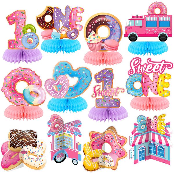 Liliful 12 Pcs Donut 1st Birthday Party Decorations Table Honeycomb Centerpieces, Donut First Birthday Theme Table Party Supplies, Doughnut One Year Old Birthday Sign Decor for Girl