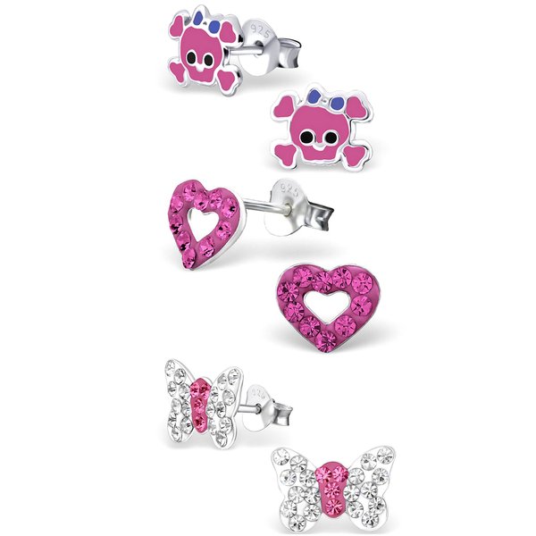 925 Sterling Silver Set of 3 Pairs Pink Skull & Crossbones, Pink Crystal Heart, White Crystal Butterfly Stud Earrings for Girls (Nickel Free) 20509