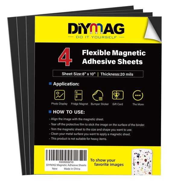 DIYMAG 4Pack Magnetic Adhesive Sheets, Magnetic Sheets with Adhesive Backing, 8x10 Inch Flexible Magnet Sheets for Crafts Photos and Die Storage Easy to Cut