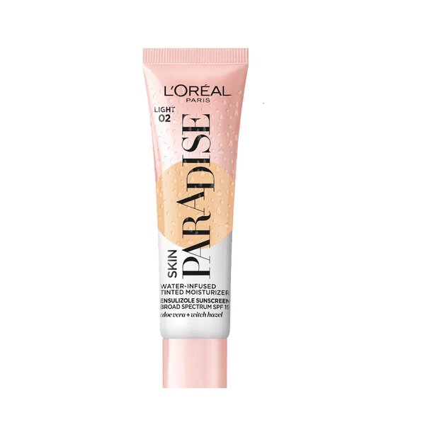 L'Oreal Paris Skin Paradise Water-infused Tinted Moisturizer with Broad Spectrum SPF 19 sunscreen lightweight, natural coverage up to 24h hydration for a fresh, glowing complexion, Light 02, 1 fl oz