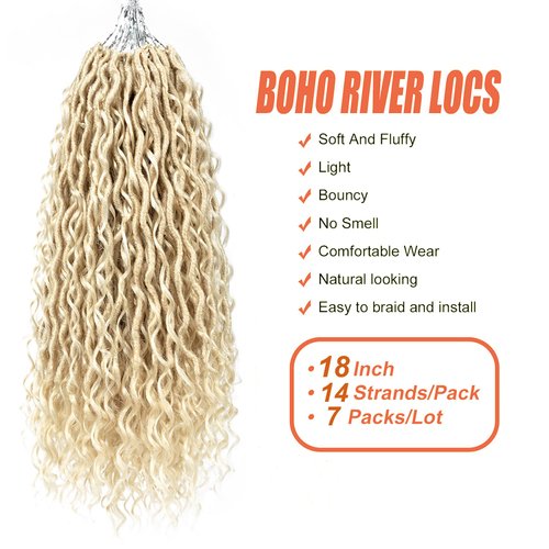 Aipin Goddess Locs Crochet Hair 18 Inch River Locs Boho Hippie Locs Wavy Crochet With Curly Hair In Middle And Ends Braids Hair Extensions (7Packs,18 inch, 613#)