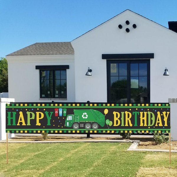 Garbage Truck Trash Trucks Happy Birthday Banner Backdrop Balloons Waste Management Recycling Bin Theme Decor Decorations for Yard Sign 1st Birthday Party Baby Shower Supplies Favors Background Flag