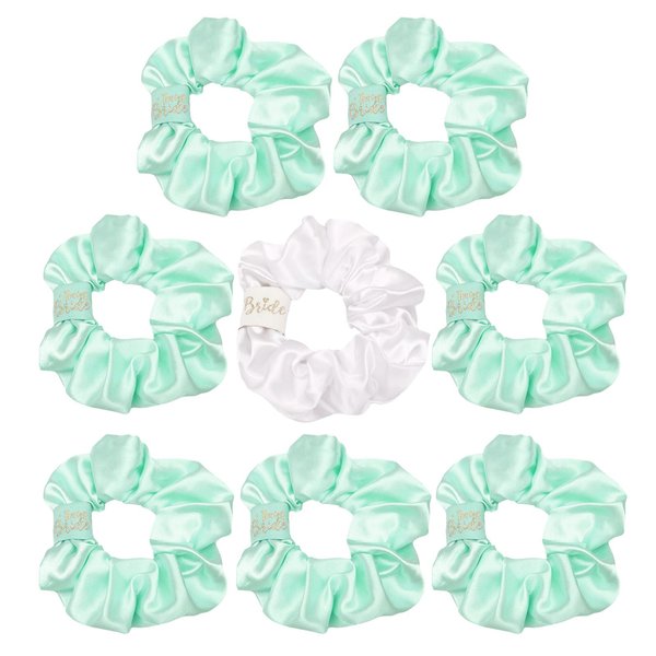 Jaciya Satin Bride Hair Scrunchies Team Bride Hair Ties Set of 8 Bachelorette Party Decoration Bridal Shower Gift Party Favor Wedding Hair Accessories(White,Mint Green)