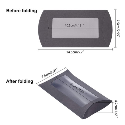 BENECREAT 30pcs 5x3x1.5 Inches Black Kraft Paper Pillow Boxes with Clear Window, Candy Packaging Box Treat Box for Birthday Wedding Party