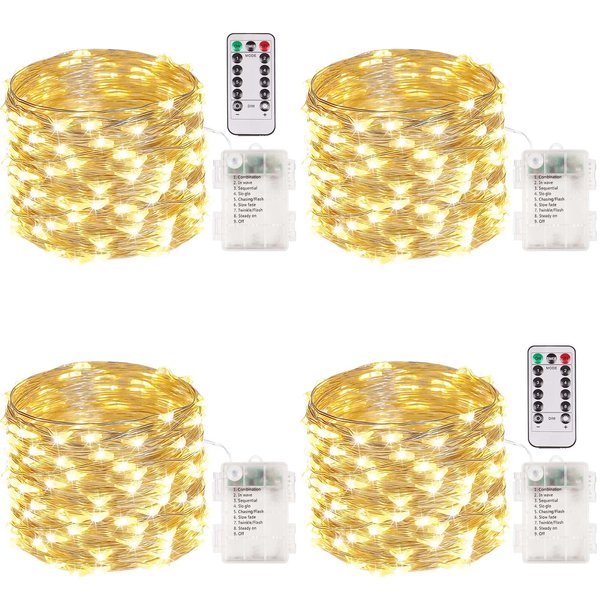4-Pack 33FT 100 LED Fairy Lights Battery Operated with Remote & Timer, Waterproof Twinkle String Lights Outdoor Indoor 8 Modes for Bedroom Classroom Dorm DIY Christmas Party Garden Tree (Warm White)