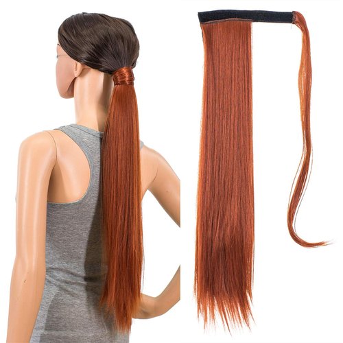 SWACC Women Long Straight/Curly Wavy Wrap Around Ponytail Extension Synthetic Hair Piece Clip in Hair extensions (Straight, Dark Copper Red-13#)