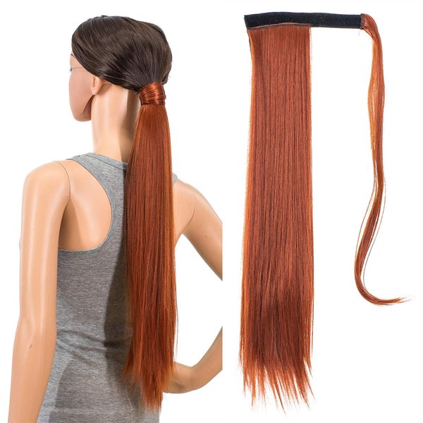 SWACC Women Long Straight/Curly Wavy Wrap Around Ponytail Extension Synthetic Hair Piece Clip in Hair extensions (Straight, Dark Copper Red-13#)