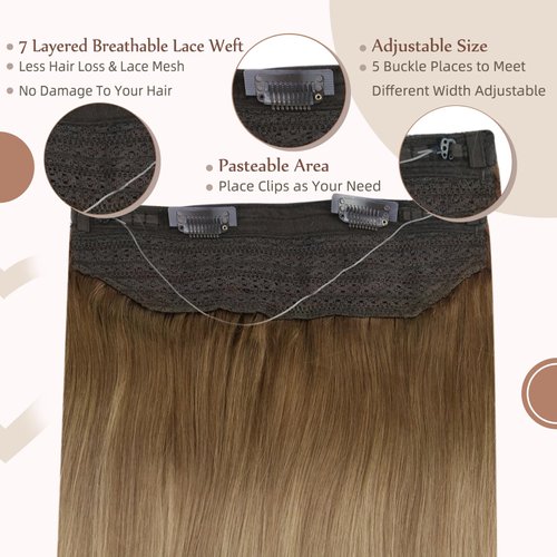 Fshine Invisible Wire Hair Extensions Human Hair Ombre Fish Wire Extensions #10/14 Brown to Blonde Balayage Invisible Hair Extensions with Transparent Line 70g Headband Human Hair for Women 12 Inch