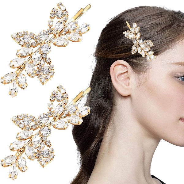 BOYIVI 2 Pieces Wedding Hair Pins Rhinestone Bridal Hair Clips Leaf Hairpin Bridal Crystal Hair Clip Gold Jewelry Barrette for Brides Bridesmaids Flower Girls