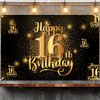 Mnixy Happy 16th Birthday Backdrop Banner Step and Repeat 16 Years Old Background Decorations for Women Men Her Him Photography Party Supplies Glitter Black Gold