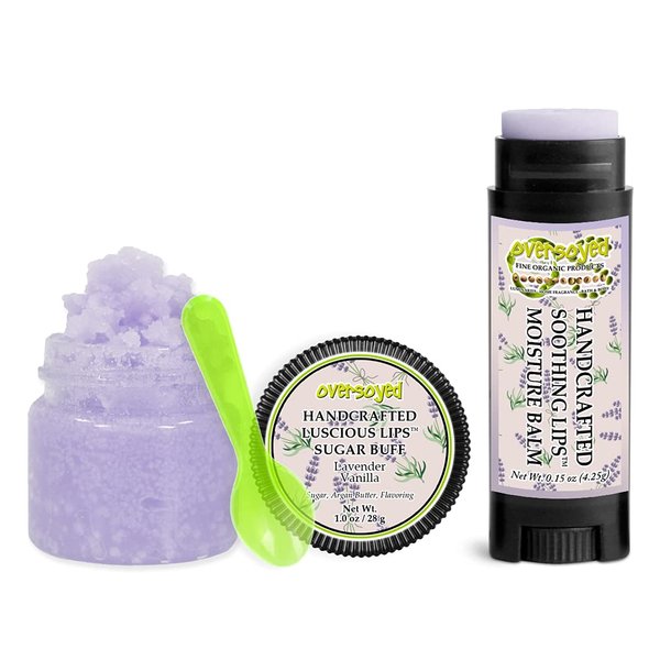 Lavender Vanilla Soothing & Luscious Lips by OverSoyed Exfoliator & Chapped Lip Repair Lip Care Combo | Artisan Handcrafted to Order Floral Lavender Herbal Geranium Wooody Vanilla Flavored Exfoliating Sugar Lip Scrub & Lip Moisturizer Balm Gift Set