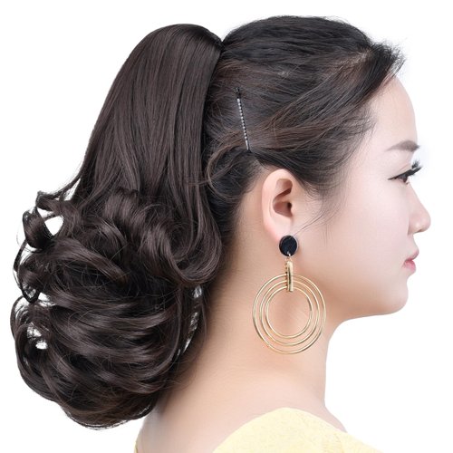 HSPCYGG Dark Brown Ponytail Extensions Fake Claw Clip Ponytails Synthetic Hair Extension 12" Wavy 3.8 OZ Curly Hairpieces Women Wig Yaki Fluffy¬ Tangled