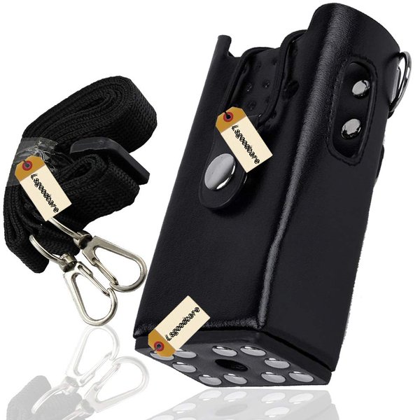 Lsgoodcare Black Hard Leather Carrying Holder Holster Case with Adjustable Shoulder Strap Compatible for Motorola CB Ham CP200 CP040 Walkie Talkie