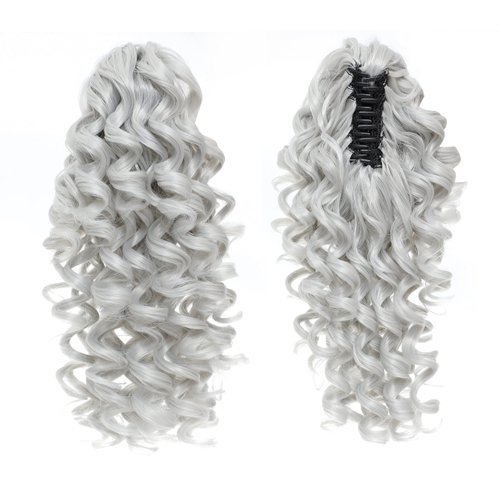 SWACC 12-Inch Ponytail Extensions Synthetic Clip in Drawstring Curly Ponytail Hairpiece Jaw Clip Hair Extension (Silver Gray)