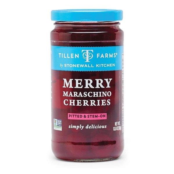 Tillen Farms Gourmet Merry Maraschino Cherries, Pitted & Stem-On, Certified Non-GMO, Great for Ice Cream Sundaes, 13.5oz