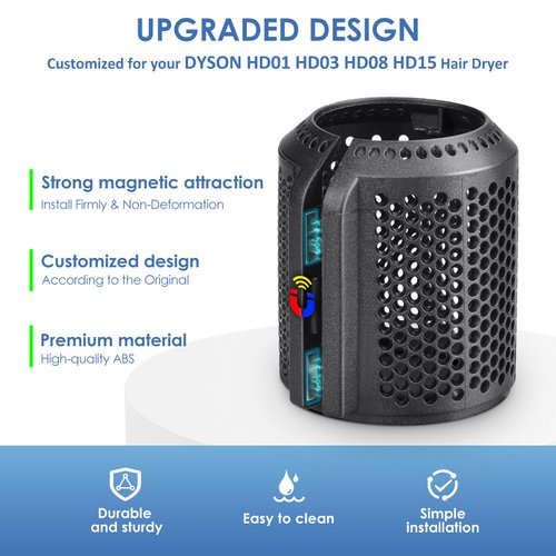 Magnetic Outer Filter Cover Compatible with Dyson Supersonic HD01 HD03 HD08 HD15 Hair Dryer Attachment, Hair Dryer Filter Cage Replacement Parts(Gray)