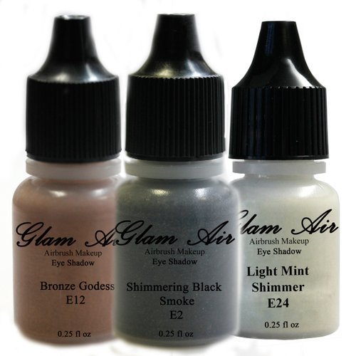 Glamair Set Of Three Shades Of Airbrush Eye Shadow Makeup E2 Shimmering Black Smoke E12 Bronze Godess And E24 Light Mint Shimmer Water-Based Formula Last All Day 0.25Oz Bottles
